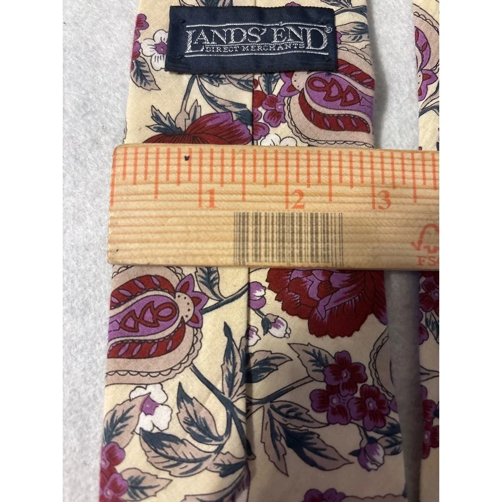 Lands End Floral Necktie Mens OS Tan‎ Purple Excellent 100% Cotton USA Hand Sewn